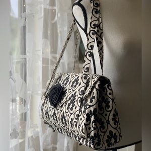 Beautiful handmade black and white damask bag with black satin rose